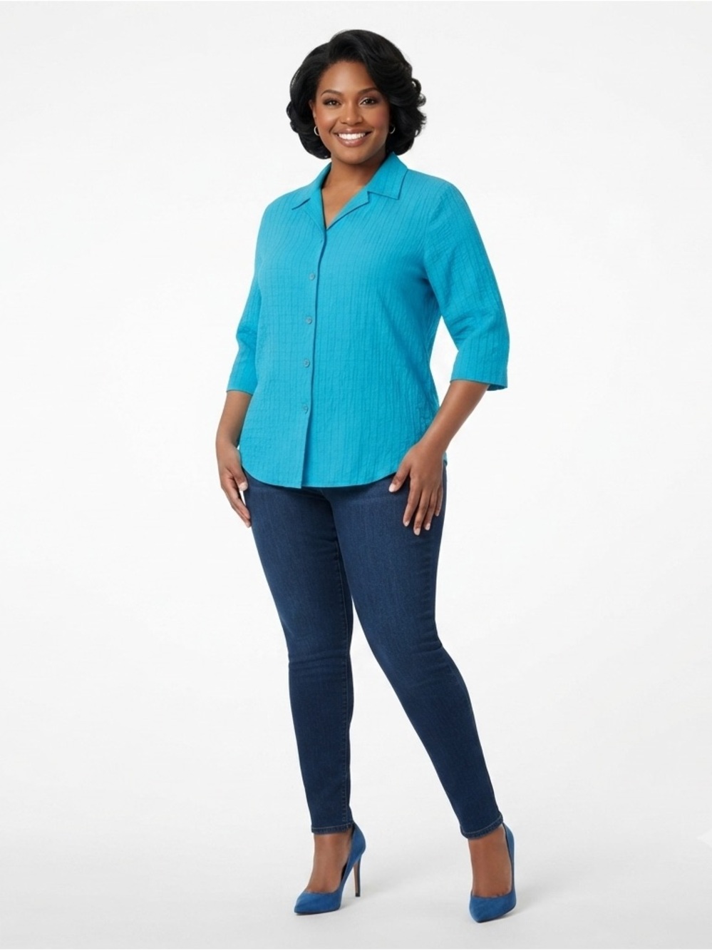 White Stag Turquoise Blue Crinkle Button Down Blouse Plus Size 30W 32W